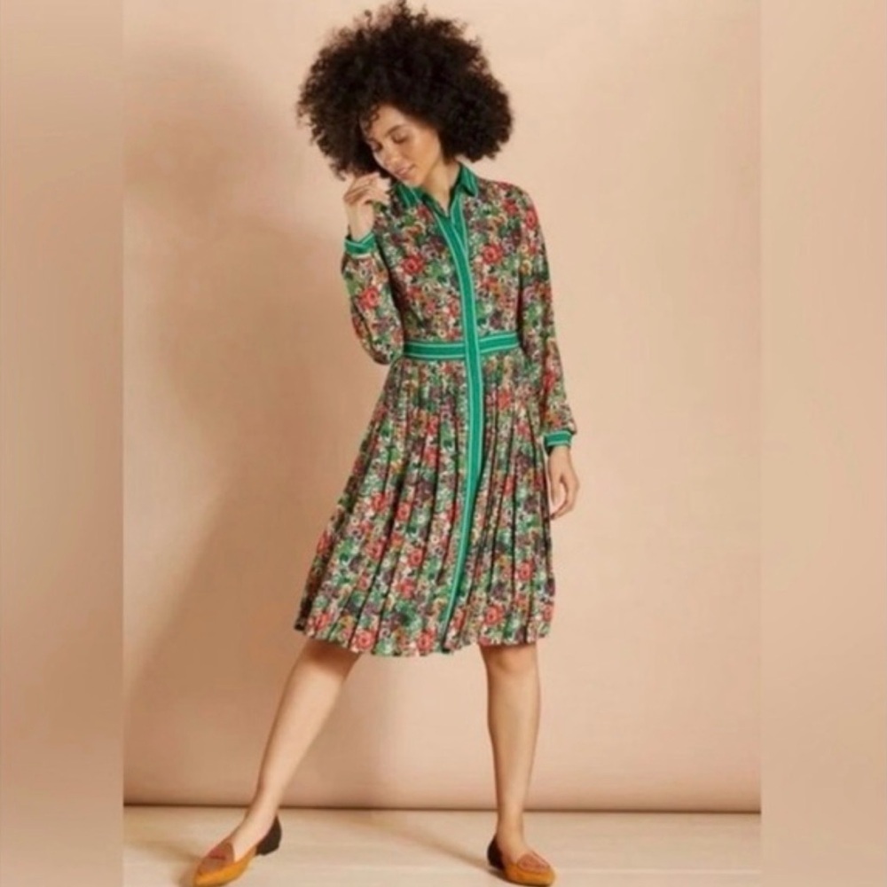 Brooks Brothers Red & Green Floral Print Pleated Long Sleeve Shirt Dress, 12